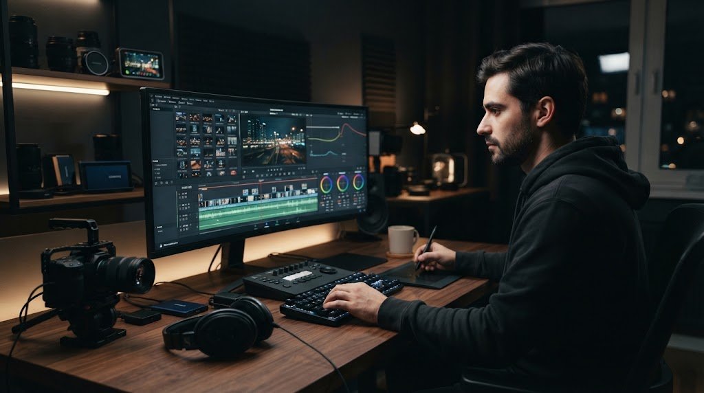 Professional freelance video editor working on a video editing project