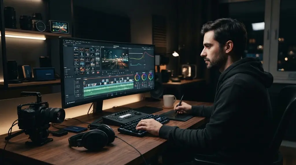 Professional freelance video editor working on a video editing project
